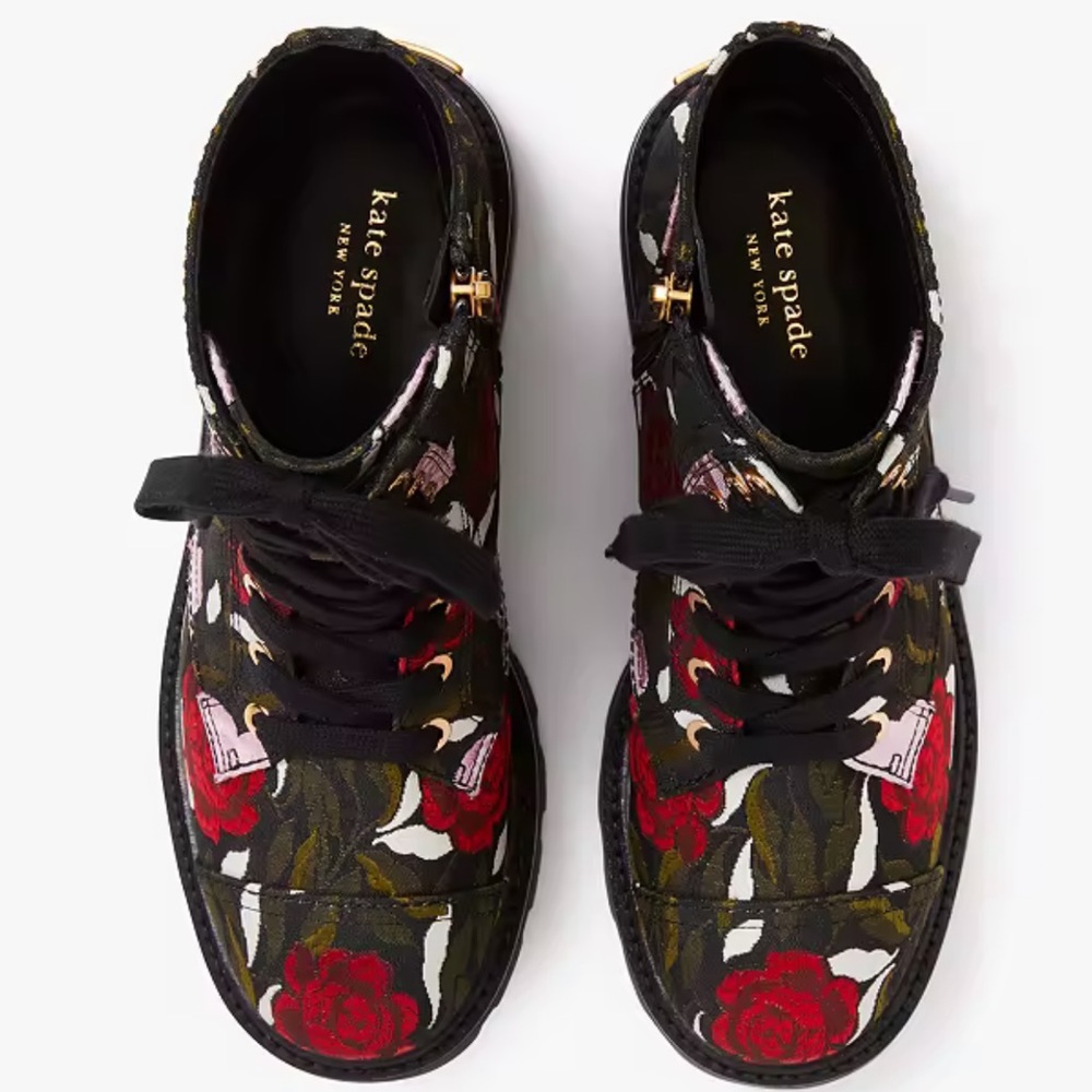 Kate Spade Merritt Lug Boots Rose Brocade Booties BlK Red Pink 7.5 NEW in BOX - Picture 4 of 6